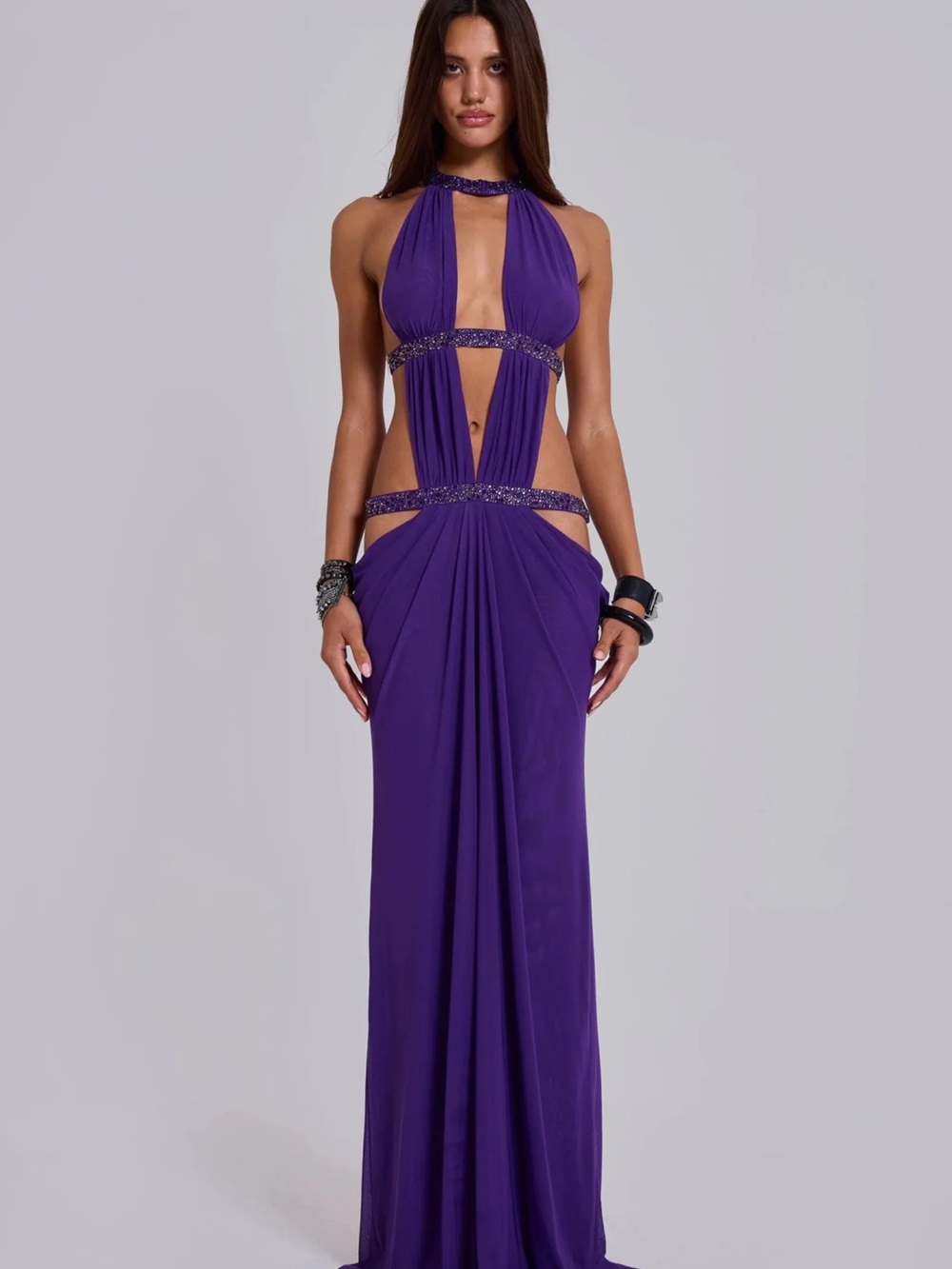 Backless Purple Cutout Halter Evening Dress